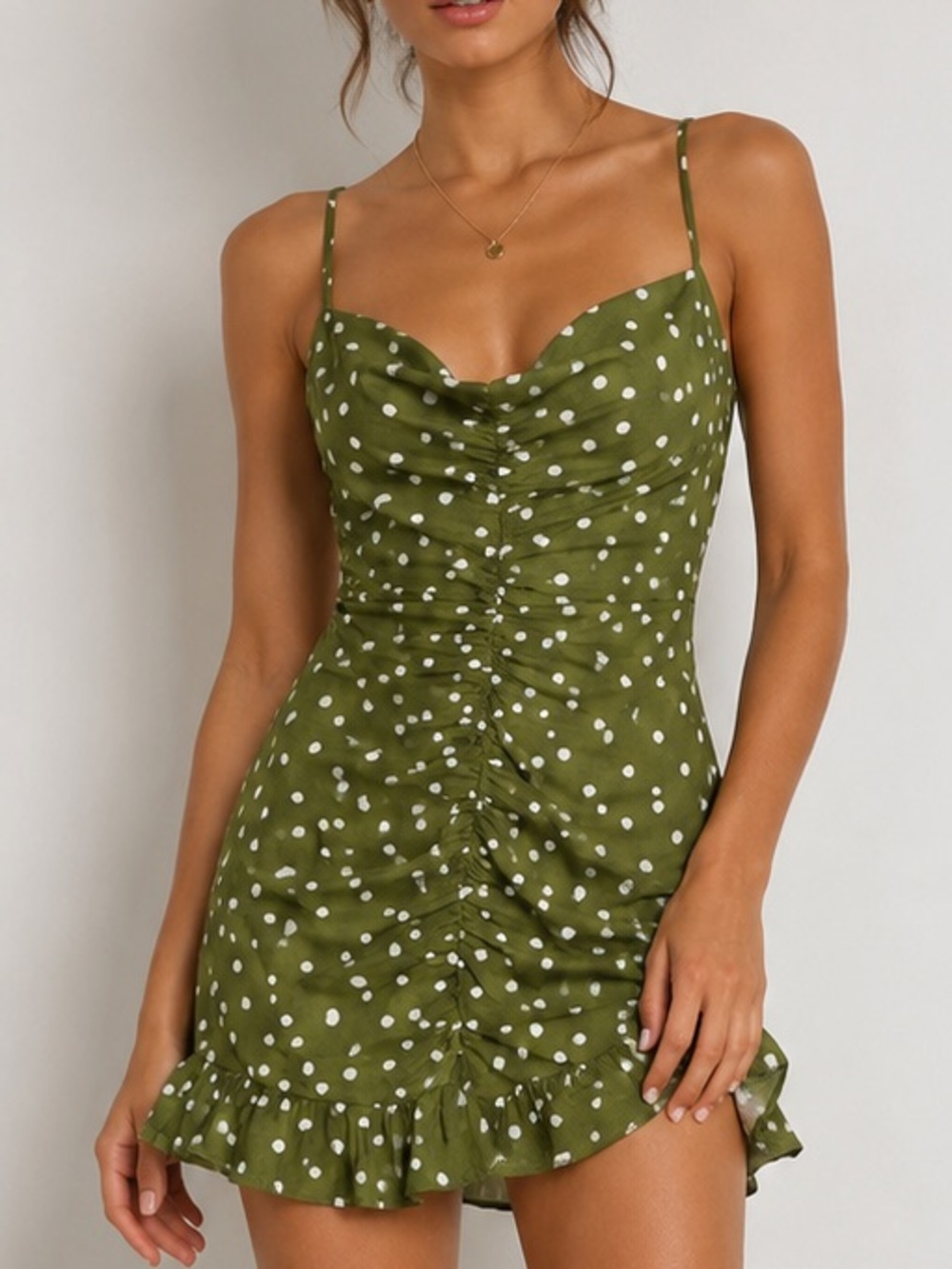 NWT Zara Green Polka Dot Ruched Mini Dress Size M